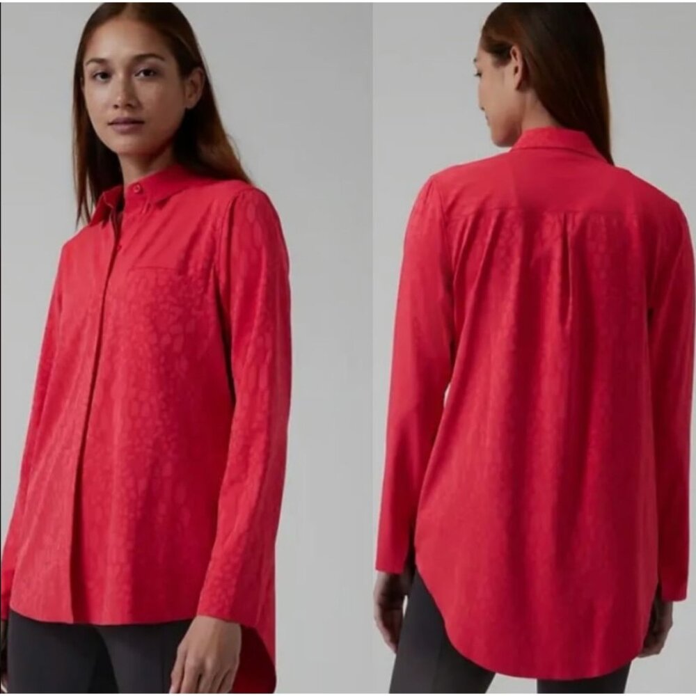 Athleta Urbanite Textured HI-Low Button-Down Shirt Matador Red Size S Top Blouse